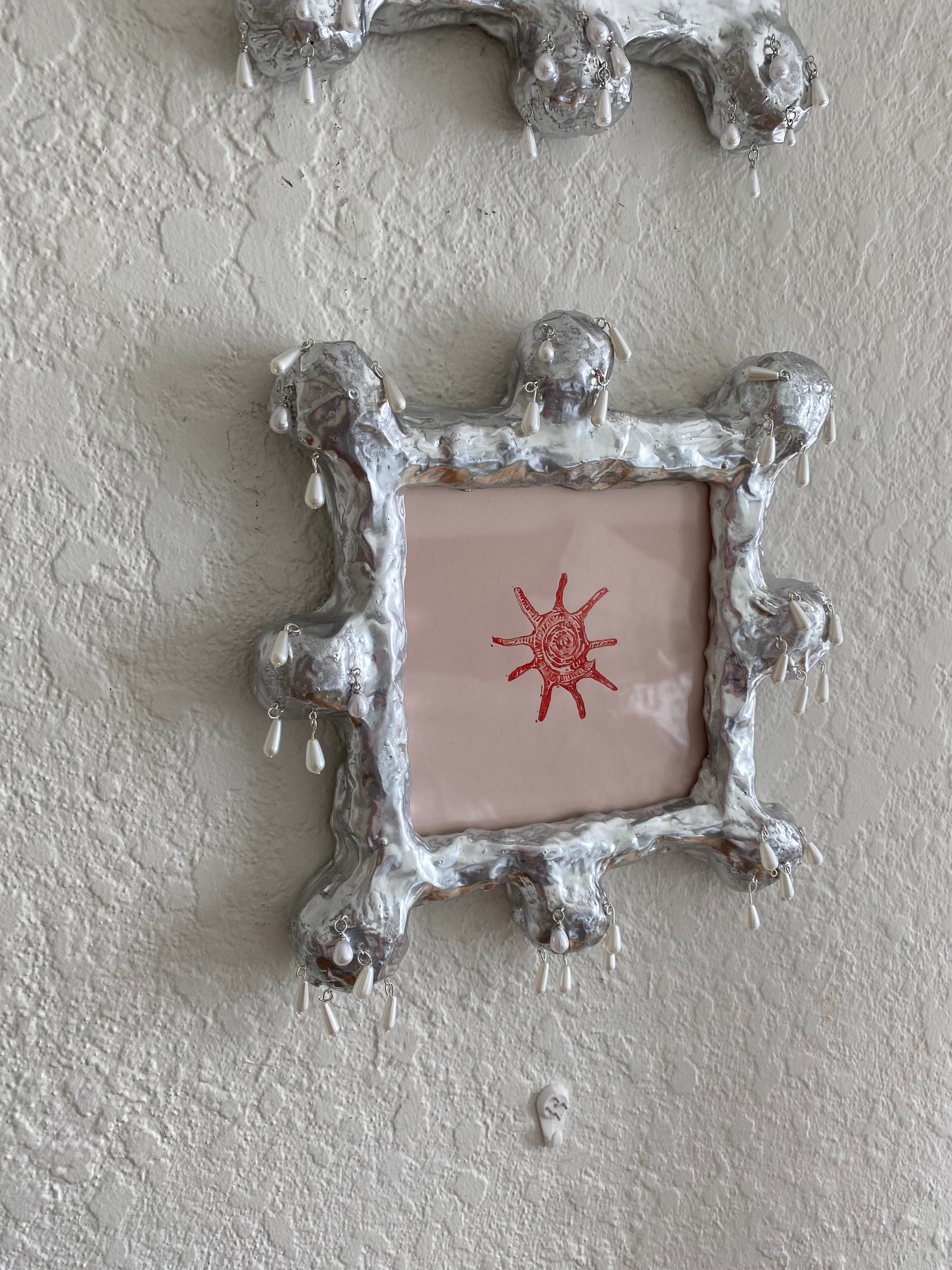 Pair of Chrome Frames and shell Lino Prints - dripping in pearls