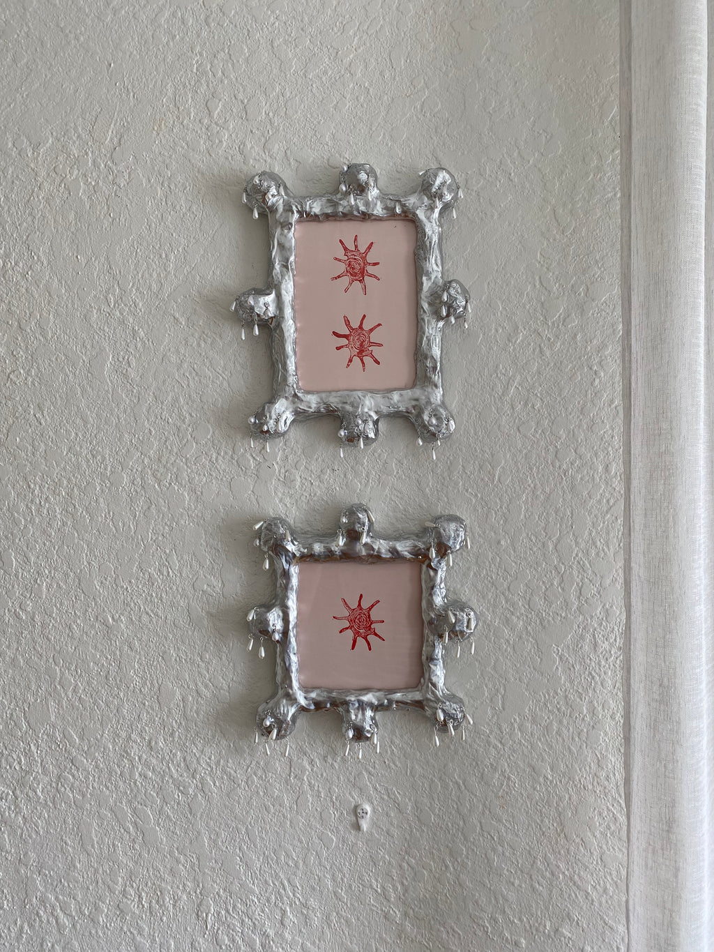 Pair of Chrome Frames and shell Lino Prints - dripping in pearls