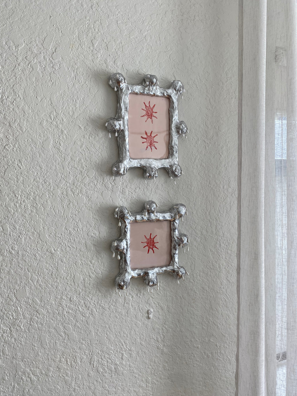 Pair of Chrome Frames and shell Lino Prints - dripping in pearls