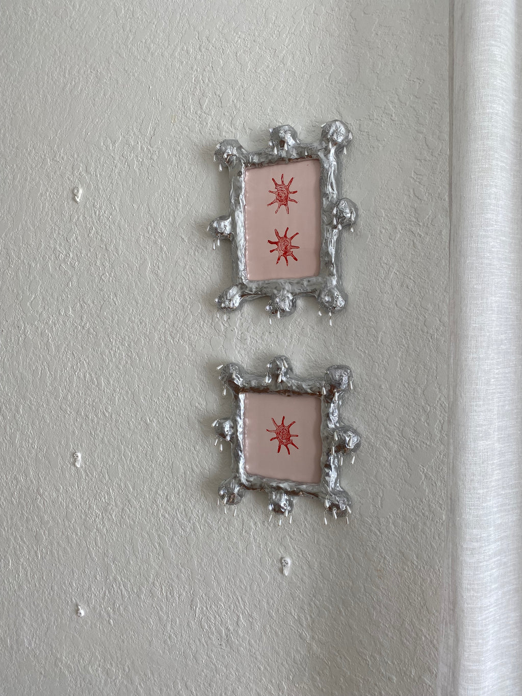 Pair of Chrome Frames and shell Lino Prints - dripping in pearls